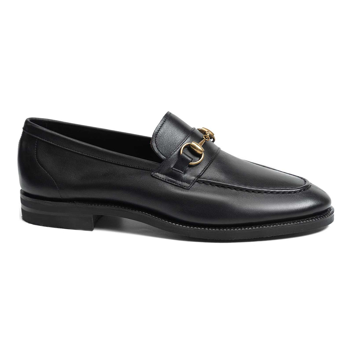 Meermin black softcalf horsebit loafer, side profile view showing gold-tone bit hardware and flex Goodyear welted city rubber sole