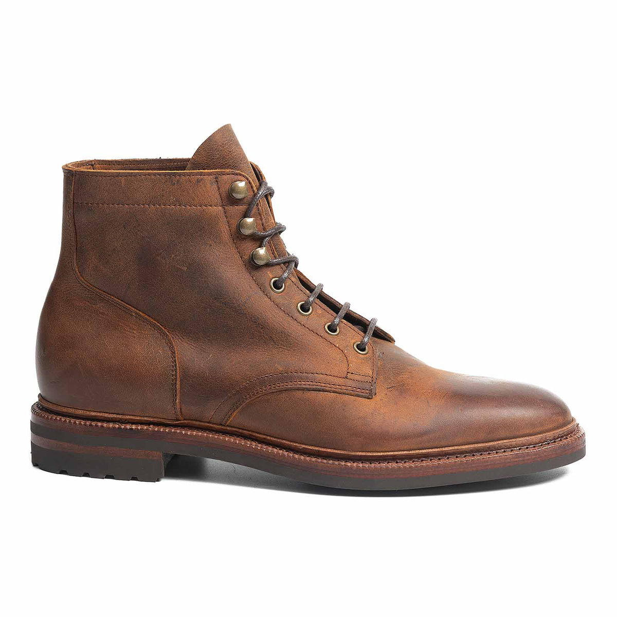 Meermin autumn spice waxy kudu plain-toe boot, side profile view showing lace-up shaft and lug sole