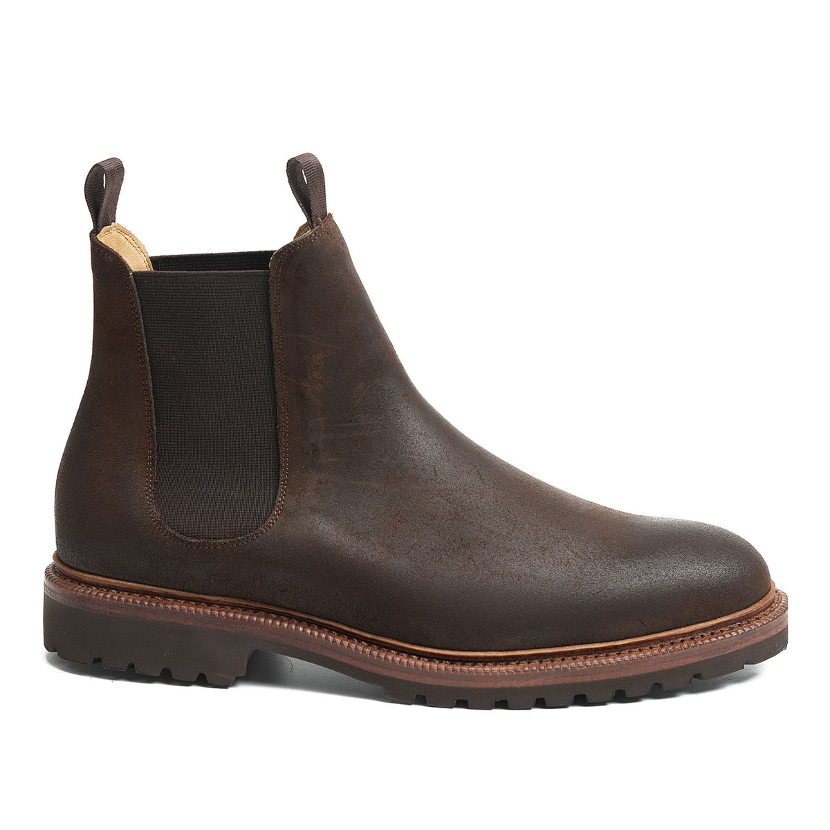 Meermin rust waxy commander suede Chelsea boot, side profile showing elastic gore panel and lugged sole