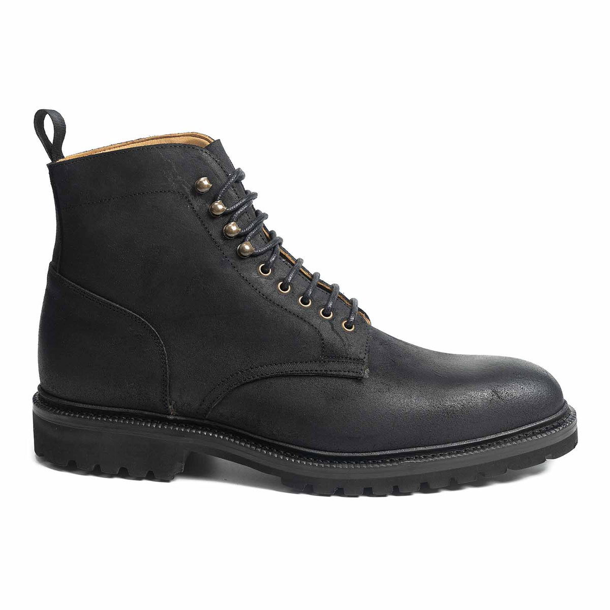 Meermin black waxy commander suede Service boot, side profile showing storm welt, lug rubber sole and lace-up hardware