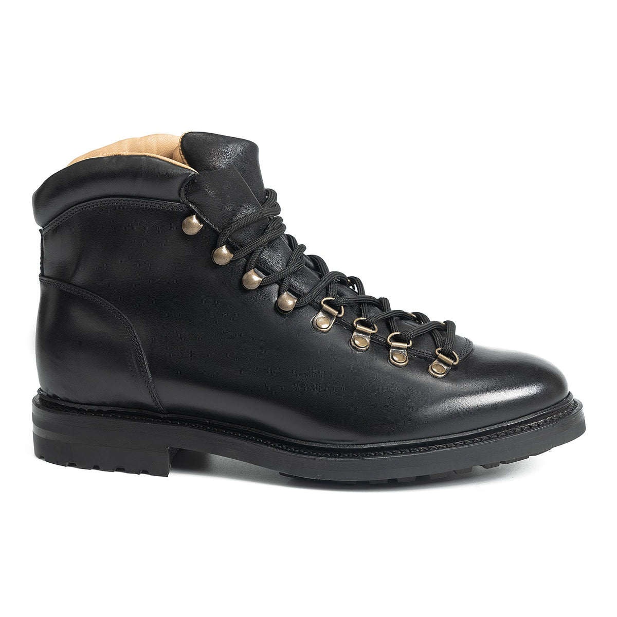 Meermin black calf hiking boot, side profile view showing lace-up front, hardware eyelets, and lugged rubber sole