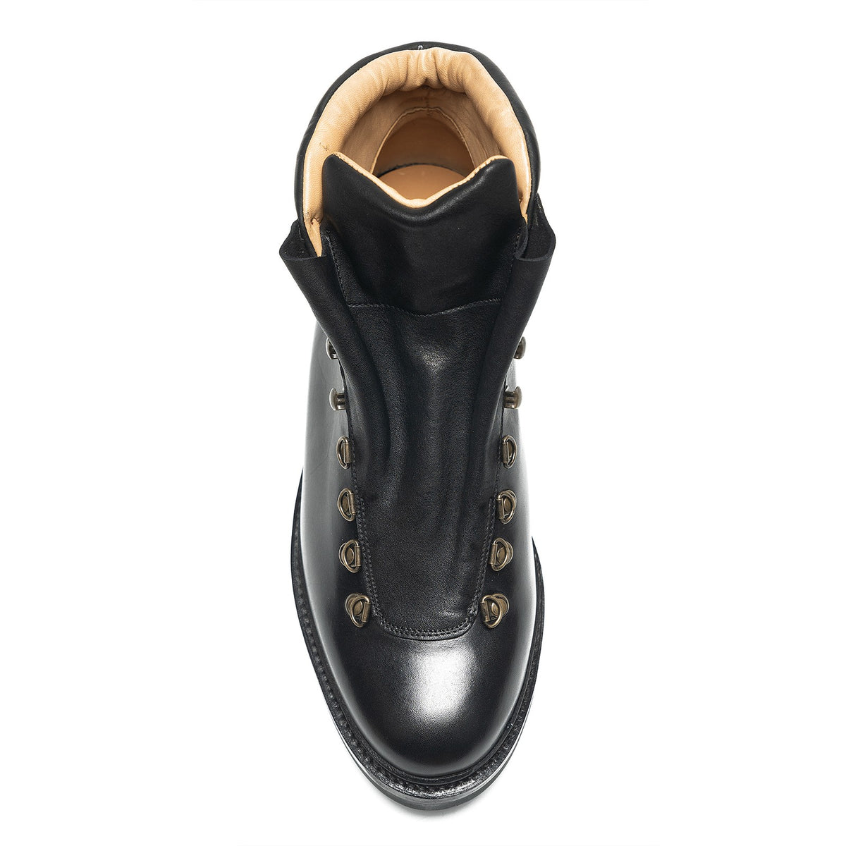 Meermin black calf hiking boot, top-down view showing open bellows tongue, beige leather lining, and lace hardware detail