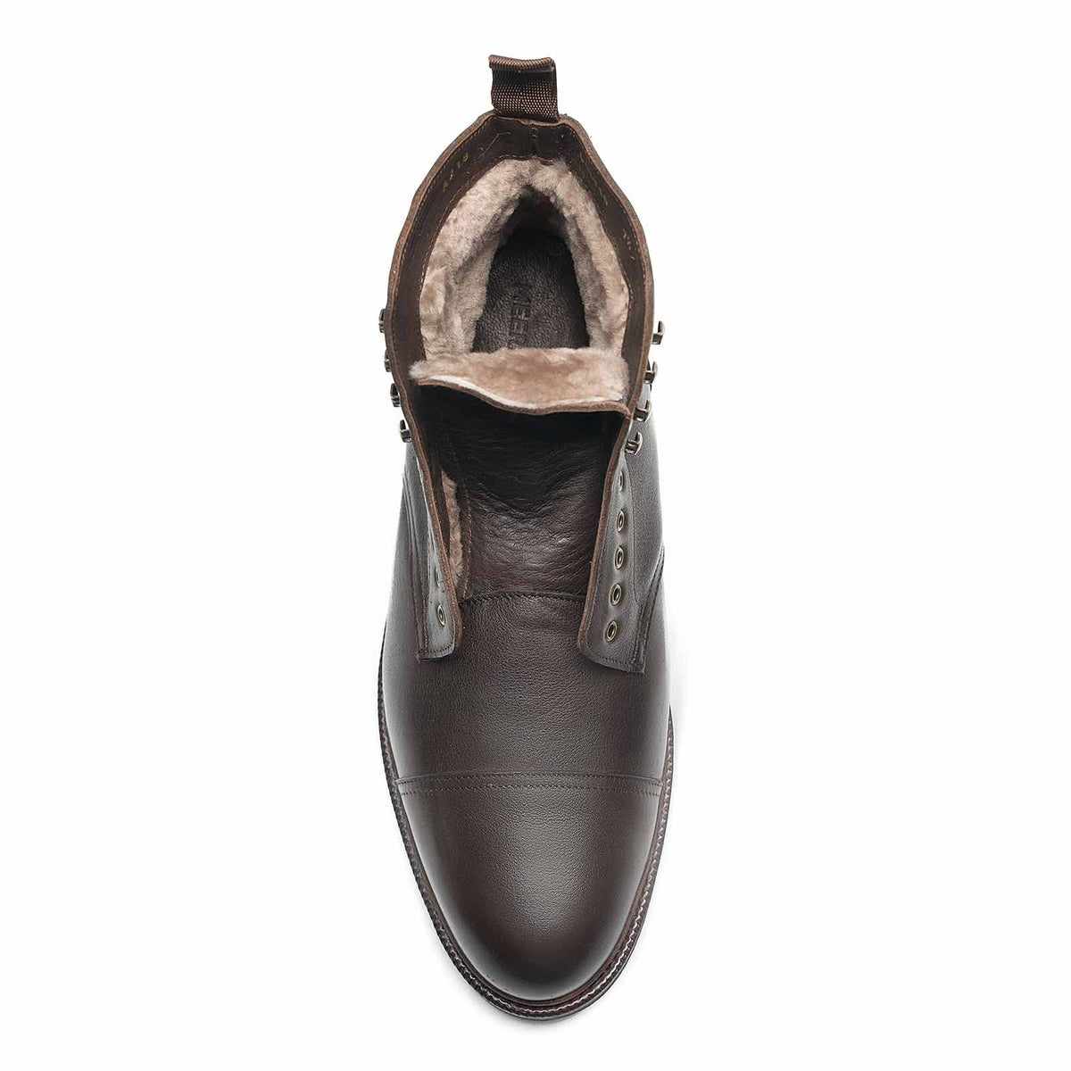 Meermin brown softcalf shearling jumper boot, top-down view showing open shaft lining and plush interior